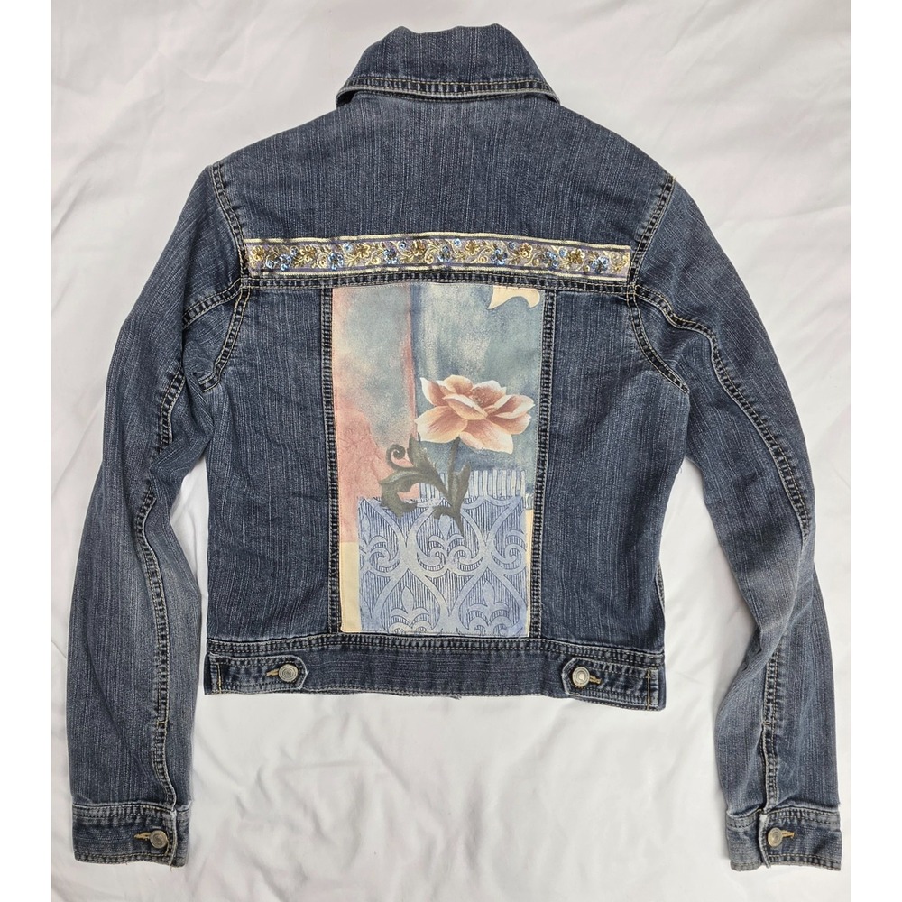 Reworked Denim Jacket Floral Back Sequin Boho Cottagecore Womens Handmade